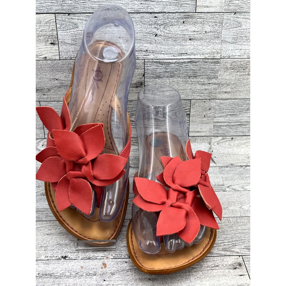 Born Women Coral Red Leather 3D Floral Thong Sandals W82289 Sz US 6 EU 36.5